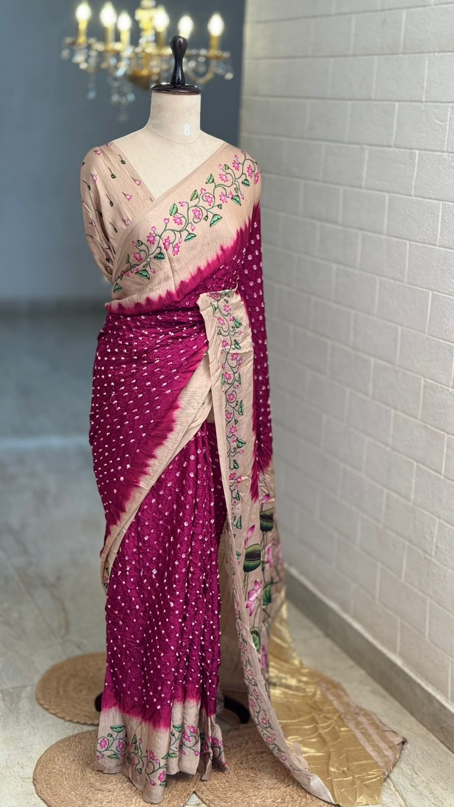 Pure Modal Ajrak Kalamkari Wine Saree