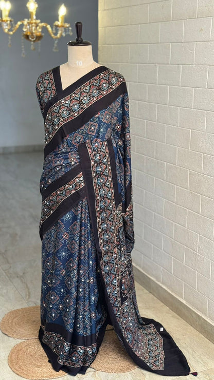 Pure Modal Mirror Work Blue & Black Saree