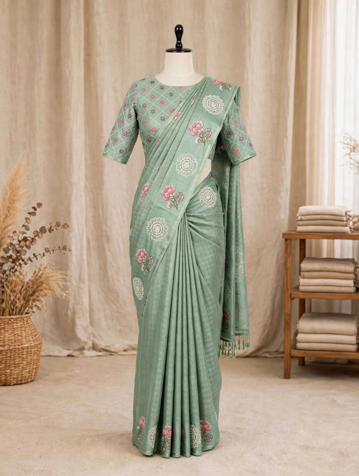 Blended Tussar Checkered Floral Saree