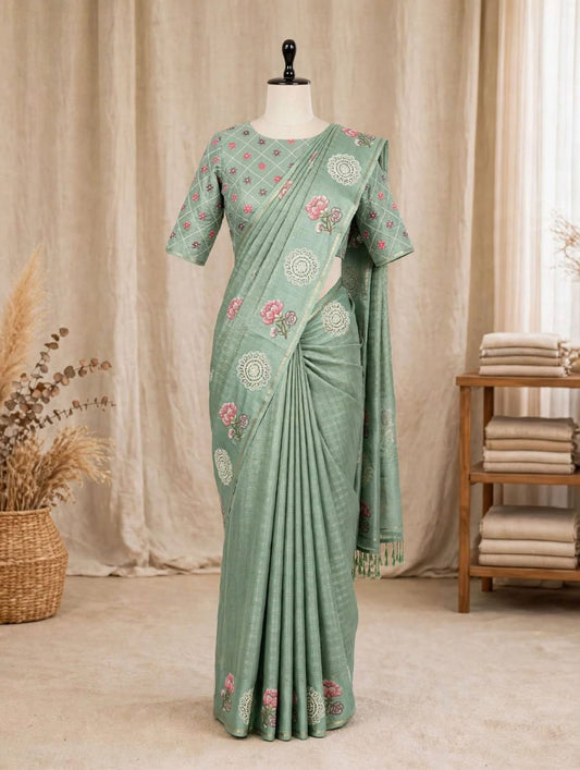 Blended Tussar Checkered Floral Saree