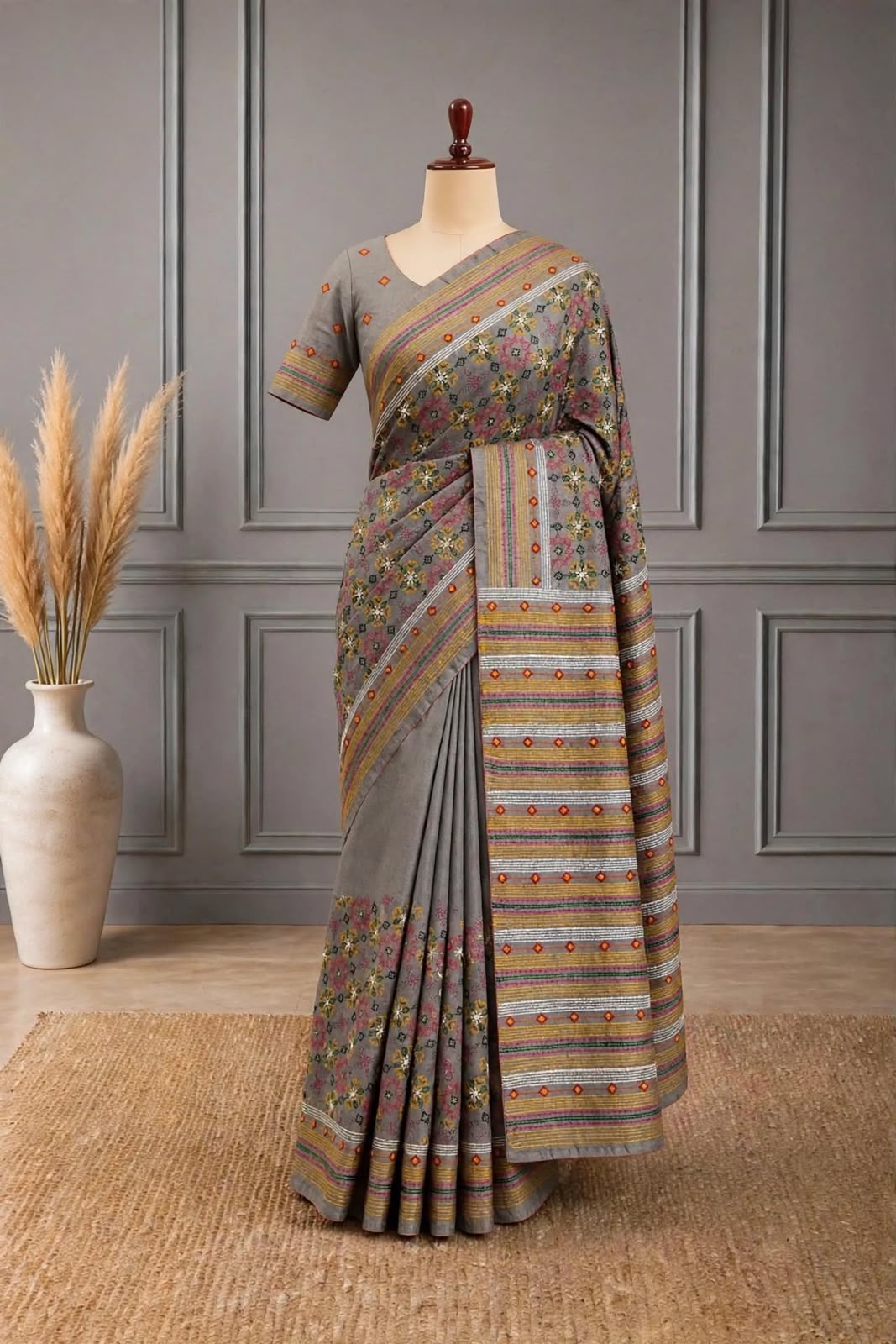 Blended Tussar Kantha Work Saree