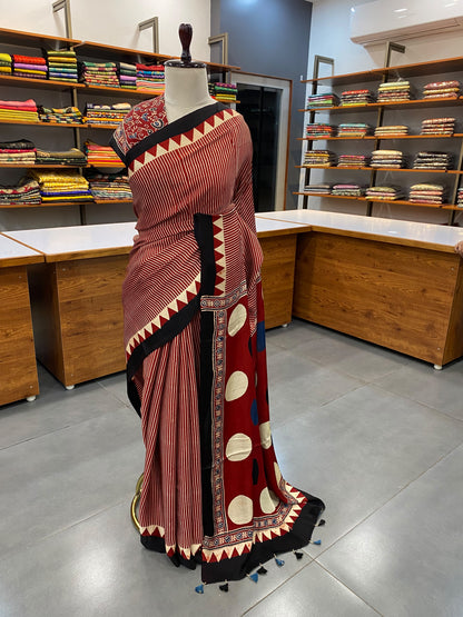 Pure Modal Ajrak Red Saree
