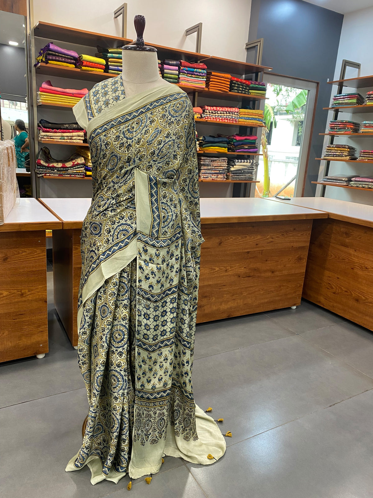 Pure Modal Ajrak Green Saree