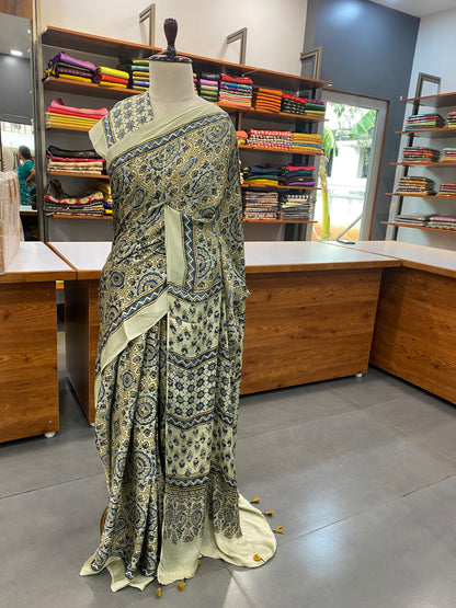 Pure Modal Ajrak Green Saree