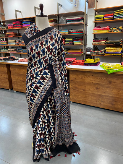 Pure Modal Ajrak Off White Saree