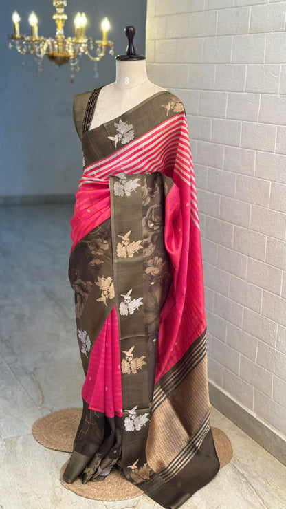 Pure Raw Mango Silk Pichwai Pink Saree