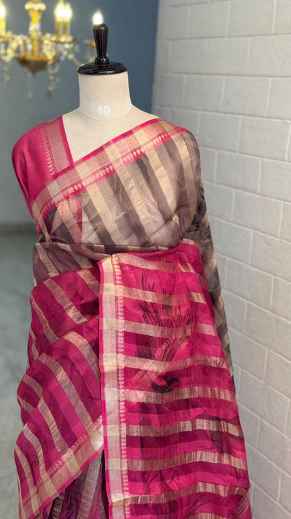 Pure Organza Silk Stripe Ash Pink Saree