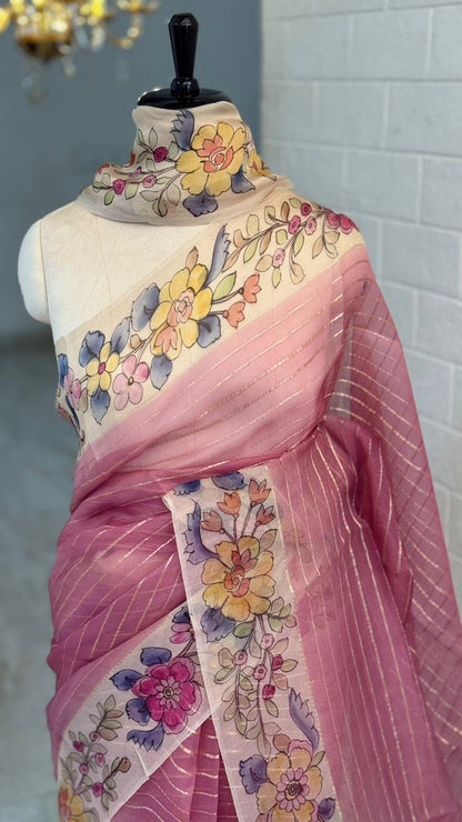 Pure Organza Printed Silk Pink Saree