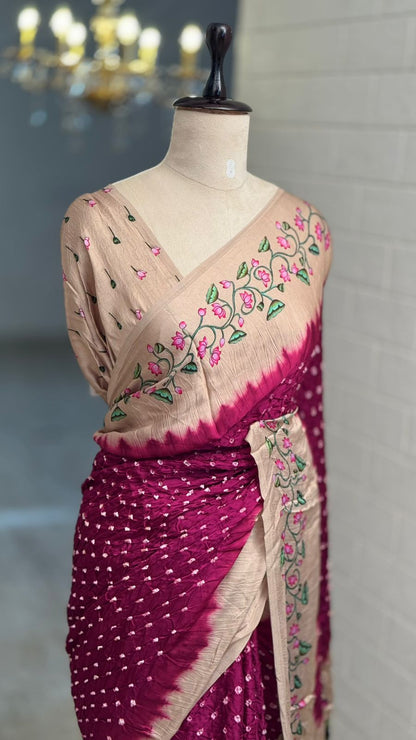 Pure Modal Ajrak Kalamkari Wine Saree
