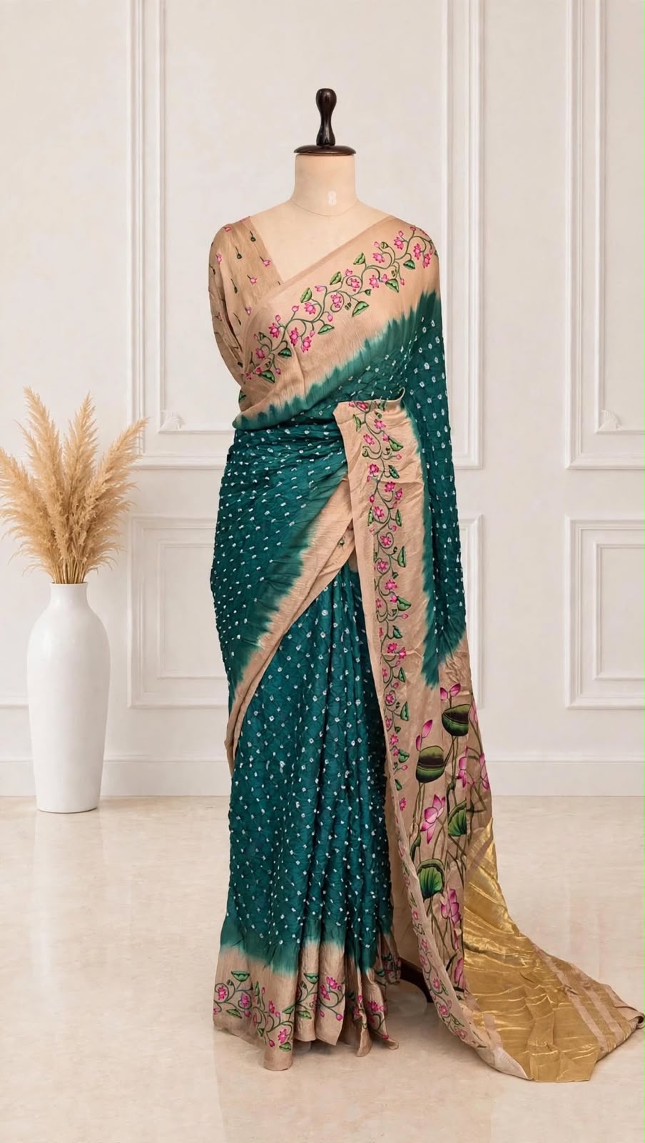 Pure Modal Ajrak Kalamkari Green Saree