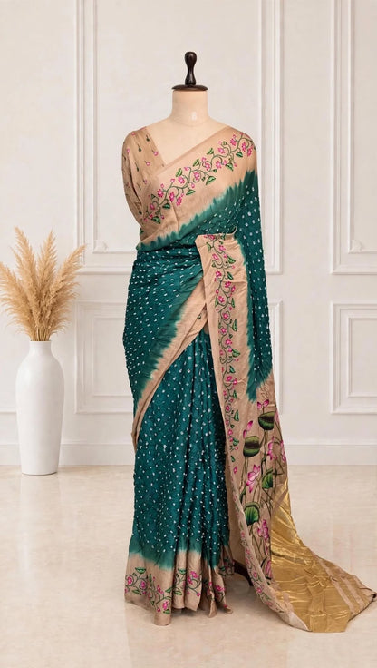 Pure Modal Ajrak Kalamkari Green Saree