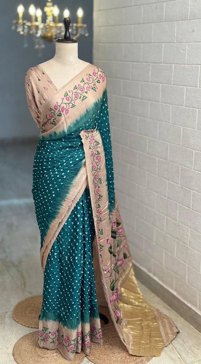 Pure Modal Ajrak Kalamkari Green Saree
