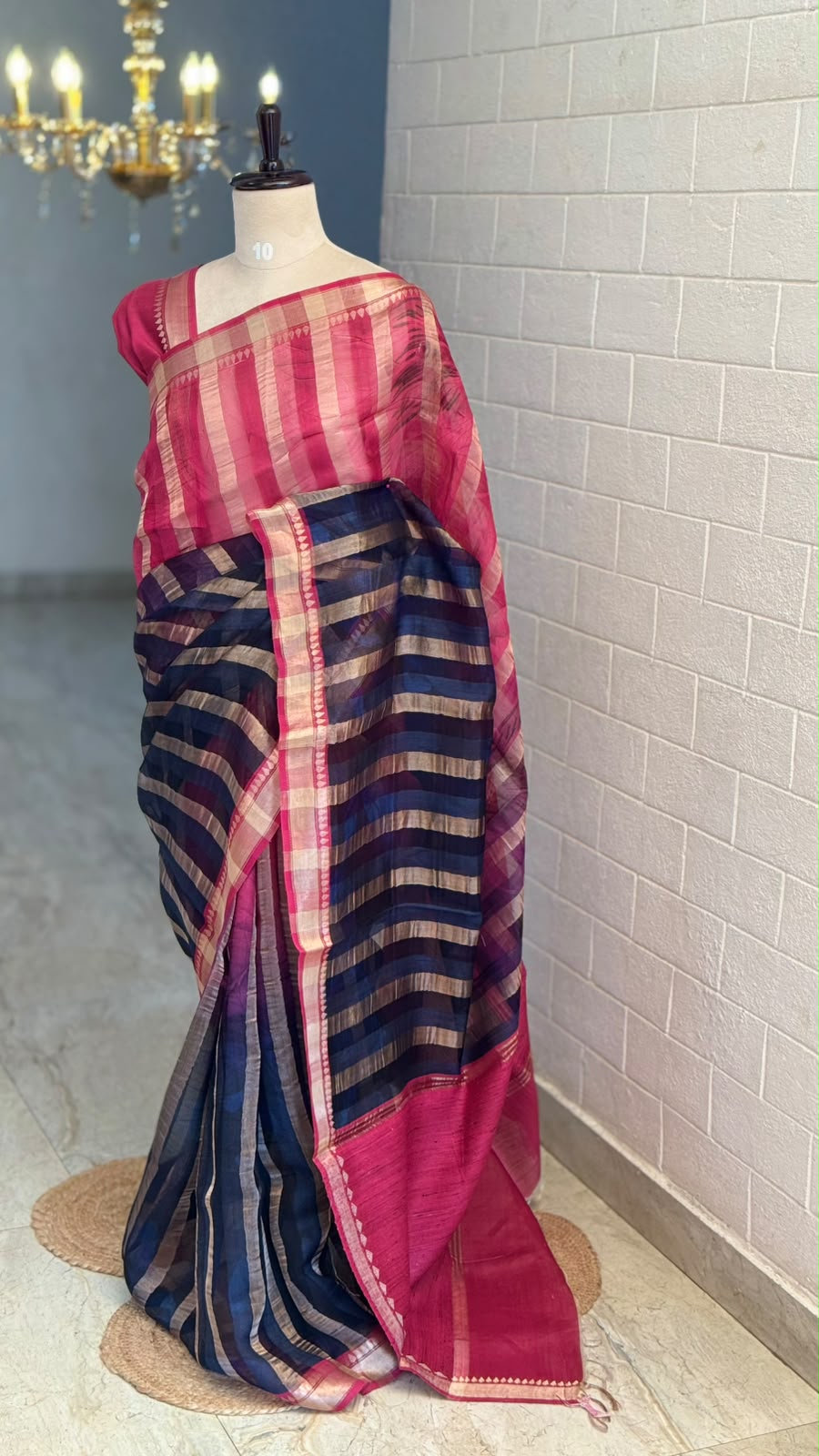 Pure Organza Silk Stripe Pink Blue Saree