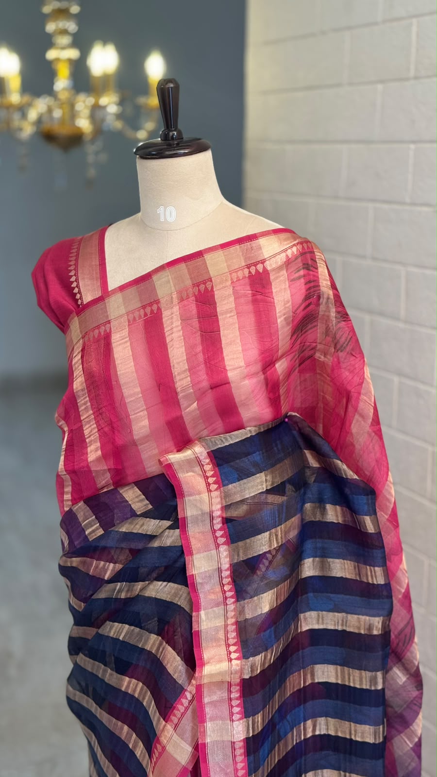 Pure Organza Silk Stripe Pink Blue Saree