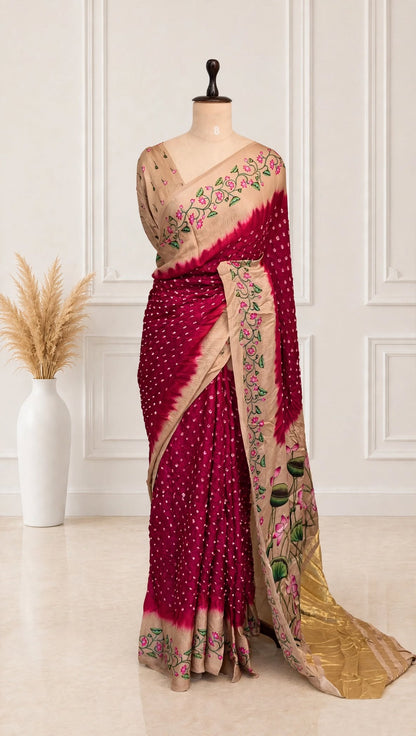Pure Modal Ajrak Kalamkari Wine Saree