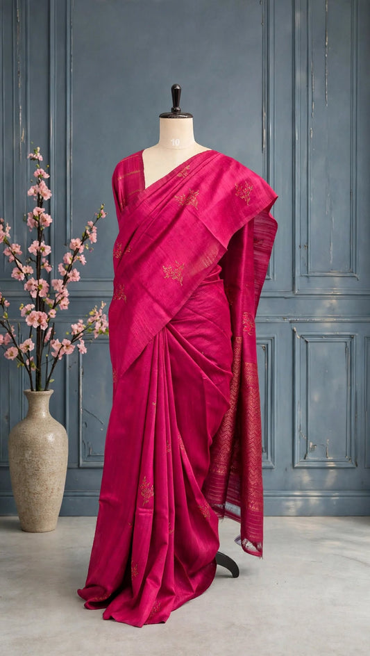 Pure Dupion Silk Pink Saree