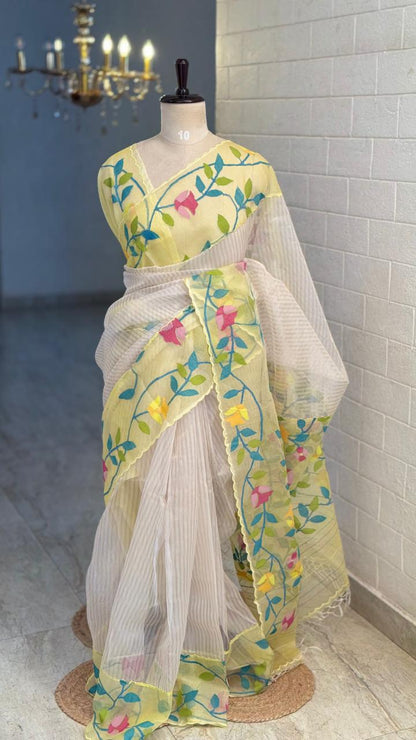 Pure Kora Dhakai Jamdhani Border Saree