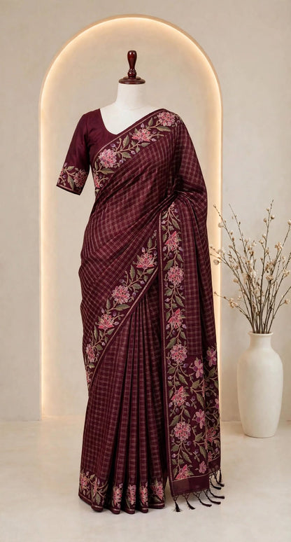 Blended Tussar Floral Embroidered Saree