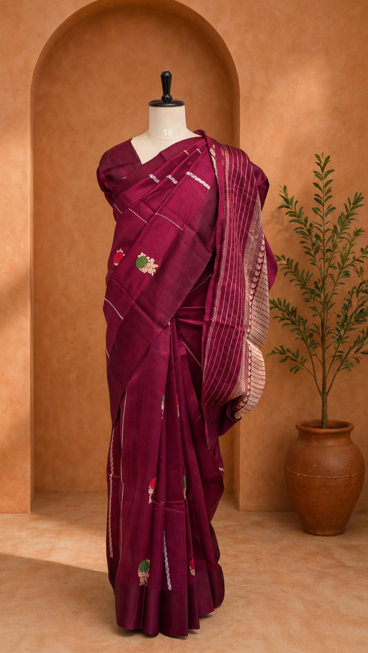 Pure Raw Mango Khatan Silk Wine Saree