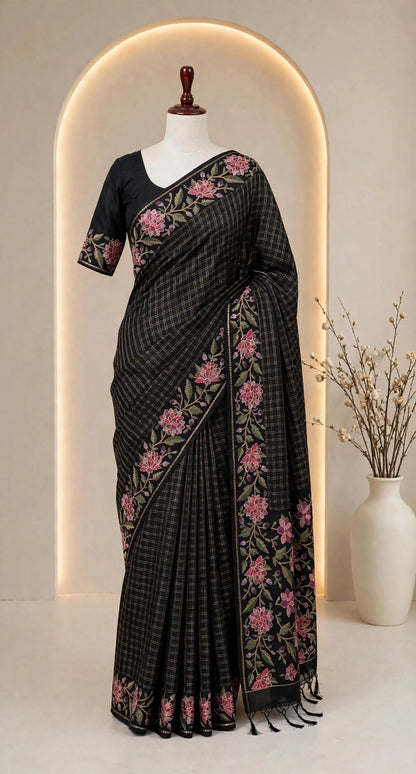 Blended Tussar Floral Embroidered Saree