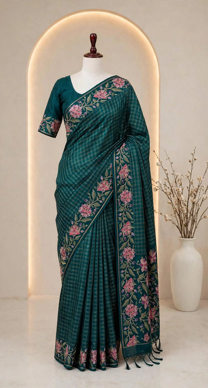 Blended Tussar Floral Embroidered Saree