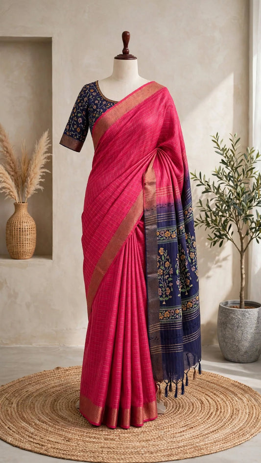 Chanderi Checkered Zari Border Saree