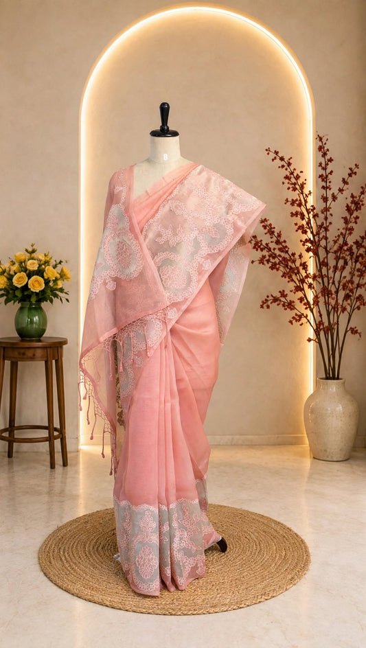 Pure Organza Silk Peach Saree