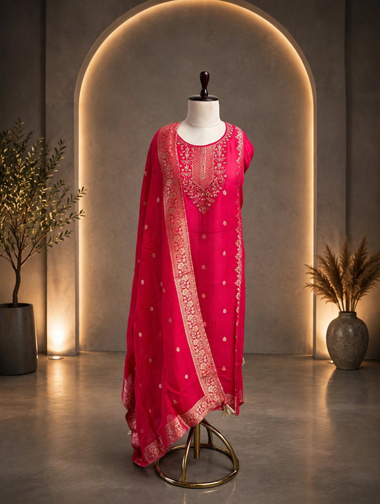 Rani Pink Silk Unstitched Suit