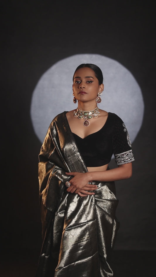 Black Silver Zari Woven Silk