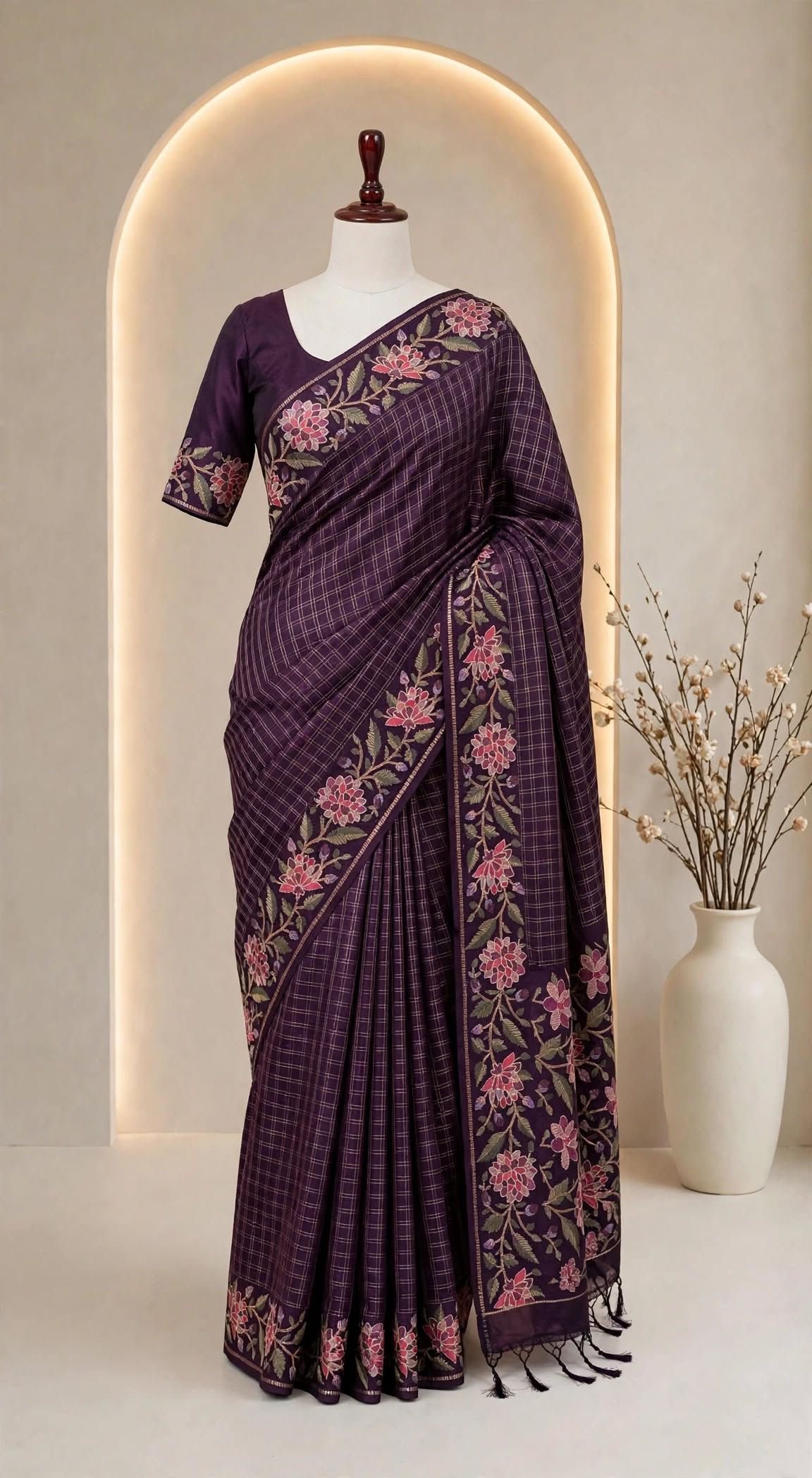 Blended Tussar Floral Embroidered Saree