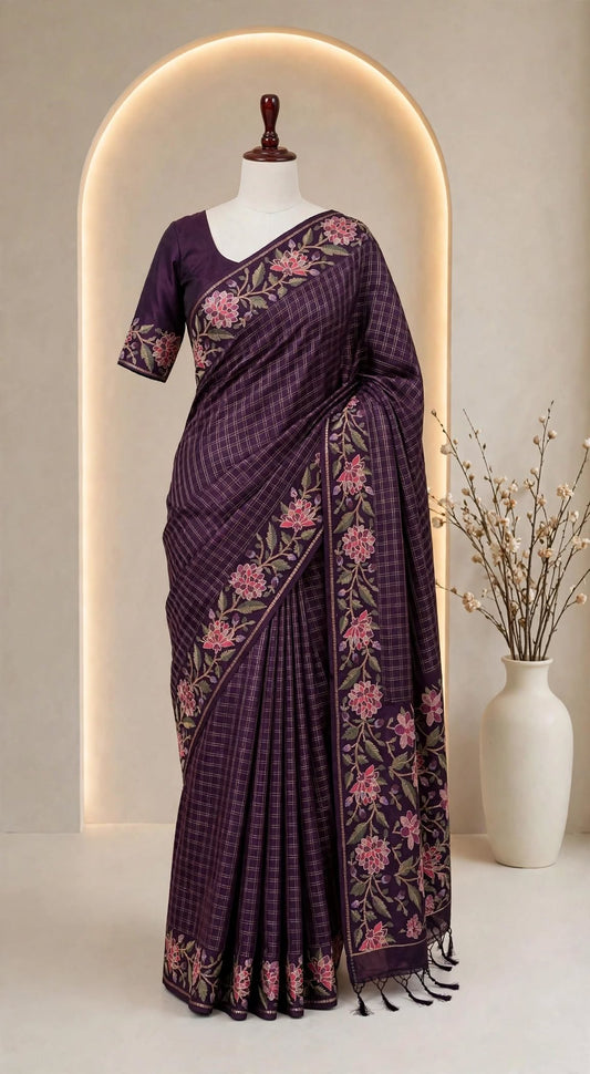 Blended Tussar Floral Embroidered Saree
