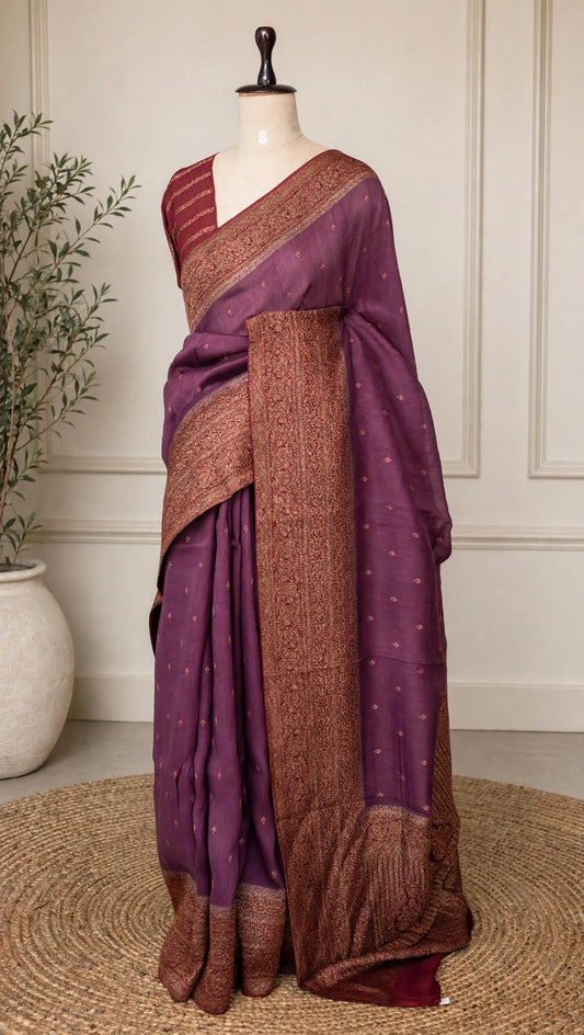 Moonga Tussar Meenakari Contrast Border Saree