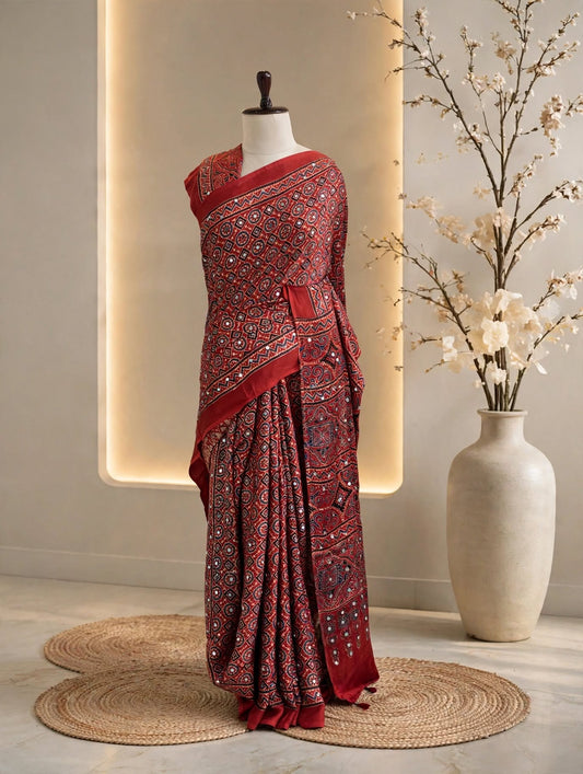 Pure Modal Mirror Work Red Saree