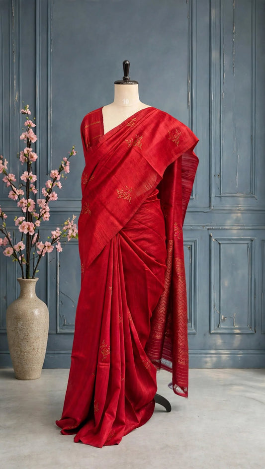 Pure Dupion Silk Red Saree