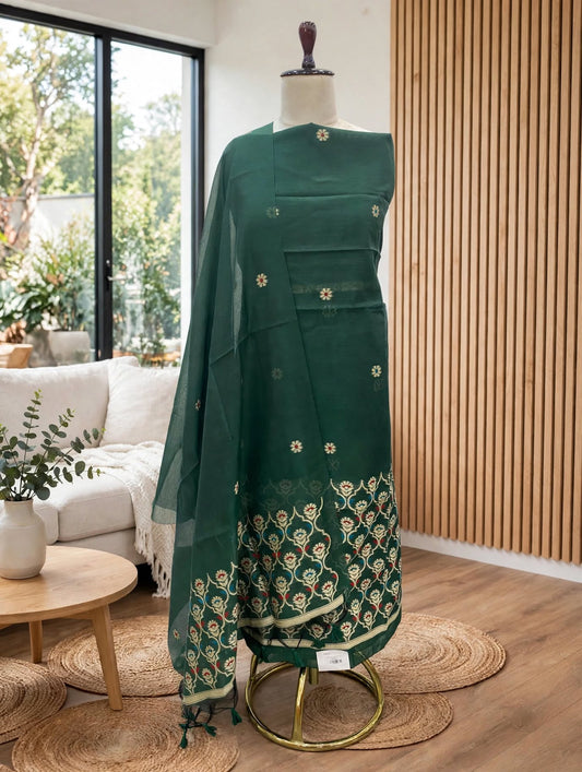Jamdhani Green Unstitched Suit